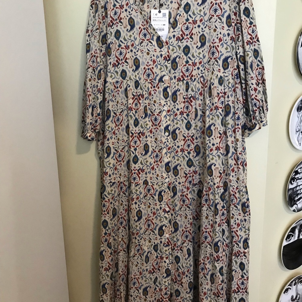 Zara Blue and Red Casual Sundress with 3/4 Sleeves and V-Neck